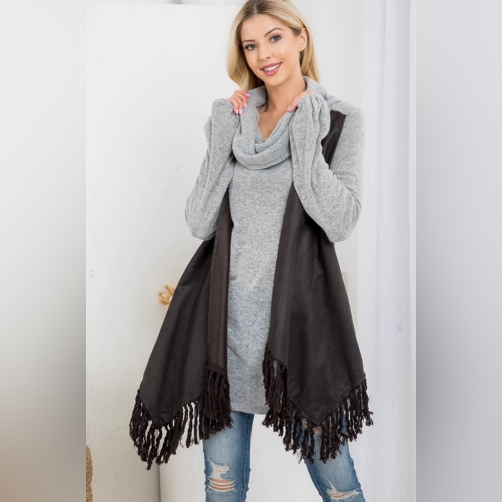 Cowl Neck Fringe Long Sleeve Top